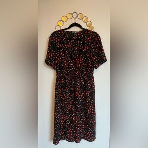 Cleo Petites Women Size XL Floral Midi Dress Black Red White Ruched Waist V Neck